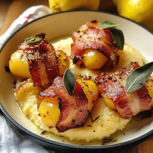 Grilled quinces with bacon, sage, and polenta