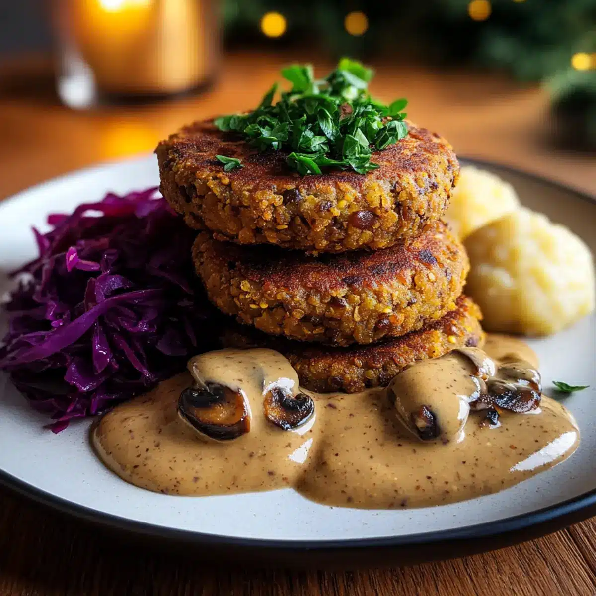 Vegane Linsen-Bratlinge aus dem Airfryer mit Pilzrahmsauce