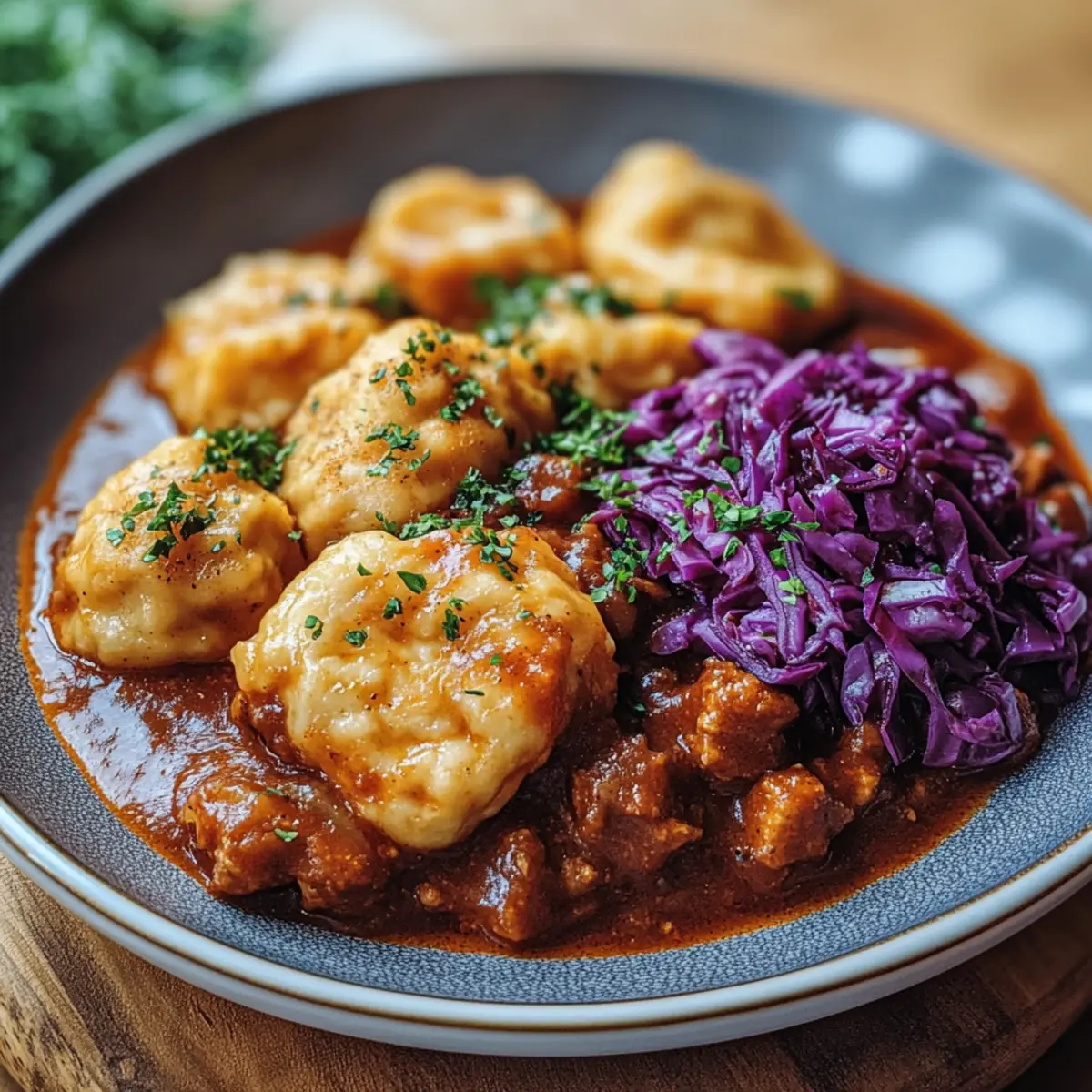 Veganes Gulasch mit Pfannenknödeln und Rotkraut