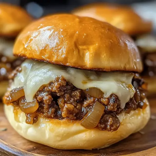 Französische Zwiebel-Rindfleisch-Sloppy Joes mit geschmolzenem Käse