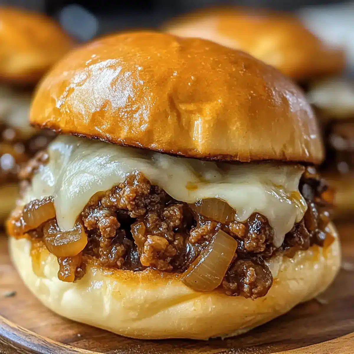 Französische Zwiebel-Rindfleisch-Sloppy Joes mit geschmolzenem Käse