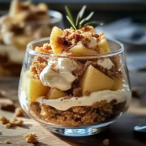 Baked apple crumble on cinnamon cream in a glass