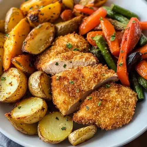 Parmesan-Crusted Chicken Schnitzel with Roasted Vegetables and Potatoes